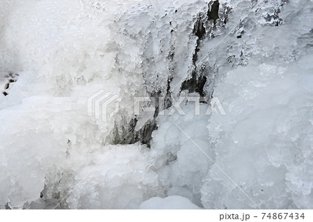 Frozen stream. Beautiful winter nature background. Frost, ice and snow in the winter. 74867434