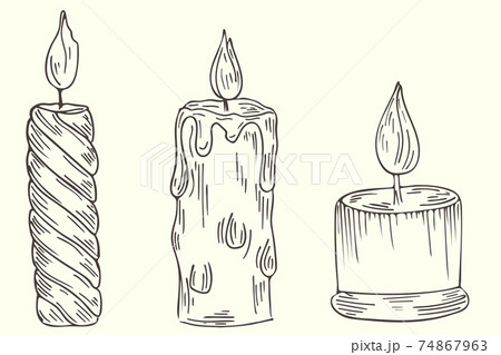 Sketch of a set of candles. Vector, different candles, freehand drawing. Sketch of a set of candles. Vector, different candles, freehand drawing. 74867963