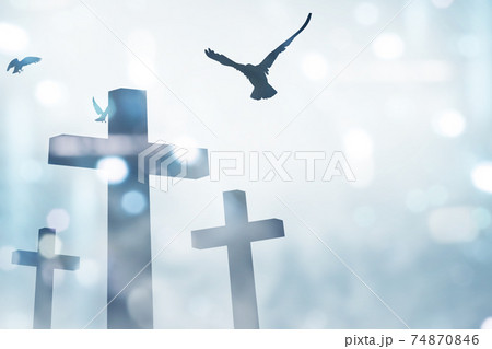 Christian Cross and pigeon flying 74870846