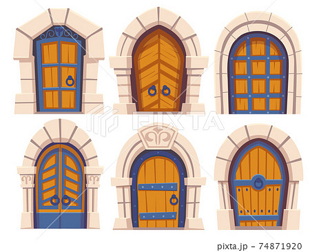 Cartoon doors, medieval castle arched entries set 74871920