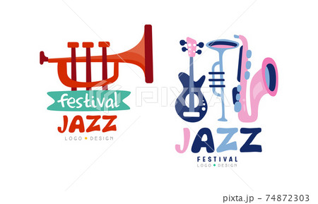 Jazz Festival Logo Templates Collection, Live Concert or Musical Event Badges Cartoon Vector Illustration 74872303