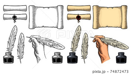 Inkwell and female hand holding a goose feather. Vector engraving 74872473