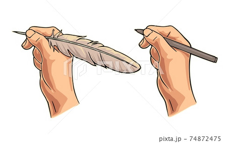 Female hand holding a goose feather and pencil. Vector color flat illustration Female hand holding a goose feather and pencil. Vector color flat illustration 74872475