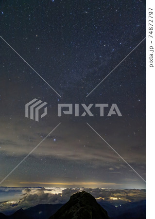 南アルプス・塩見岳東峰から見る夜の西峰と伊那谷の明かり 74872797