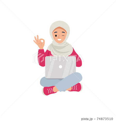 Hijab woman showing ok gesture with her hand while working on laptop. Assurance and success. Flat vector design 74873510