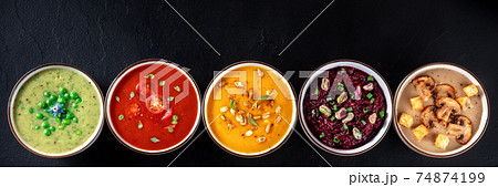 Vegan soup panoramic header with copyspace. Vegetable cream soups 74874199