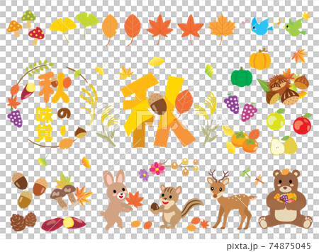 A set of autumn taste, fallen leaves and forest animals 74875045