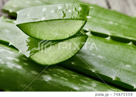 Aloe vera.Pieces of aloe cutting. On wooden table 74875559