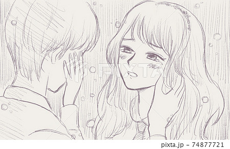 涙を浮かべ 男の子の頬に手を当てる女の子のイラスト素材