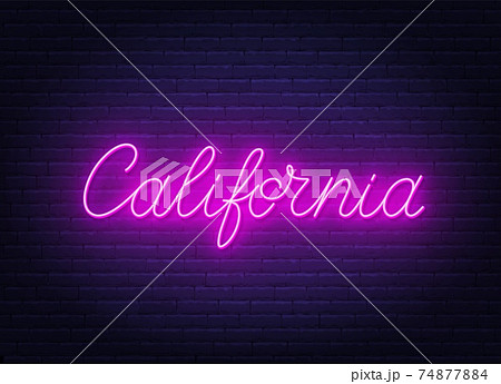 Neon sign California on brick wall background. 74877884