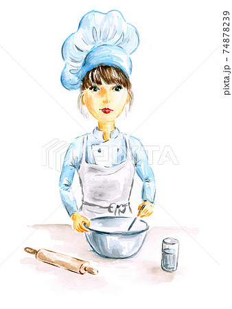 Smiling and happy female chef. Woman is cooking. Hand painted watercolor illustration. 74878239