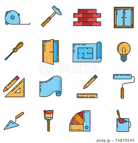 Big set of repair design house 16 icon, concept renovation tool stuff instrument toolkit line art flat vector illustration, isolated on white. Big set of repair design house 16 icon, concept renovation tool stuff instrument toolkit line art flat vector illustration, isolated on white. 74879545