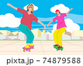 Two people play surf skate on the street in the city with blue sky background, flat art illustraion. 74879588