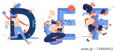 Vector collection with women doing sport. F for soccer football, D for dodgeball, E for e-games. Active leisure concept illustrations good for clubs and schools logo drawn in blue and orange Vector collection with women doing sport. F for soccer football, D for dodgeball, E for e-games. Active leisure concept illustrations good for clubs and schools logo drawn in blue and orange 74880942