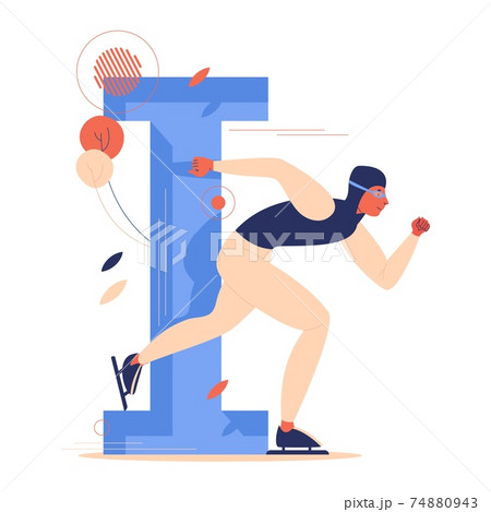 Woman character riding ice speed skating and capital letter I isolated on white. Concept healthy lifestyle illustration Woman character riding ice speed skating and capital letter I isolated on white. Concept healthy lifestyle illustration 74880943