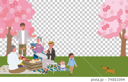 お花見をする三世代親子のイラスト　ピクニック　キャンプ 74881094