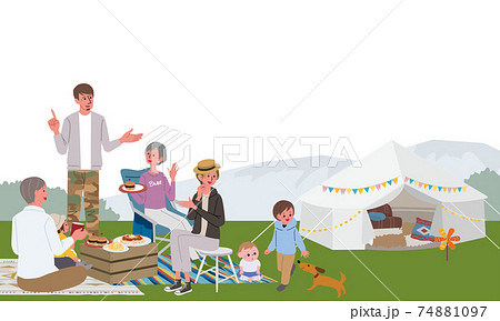 キャンプをする三世代親子のイラスト ピクニック キャンプをする三世代親子のイラスト ピクニック 74881097