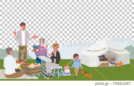 キャンプをする三世代親子のイラスト ピクニック キャンプをする三世代親子のイラスト ピクニック 74881097