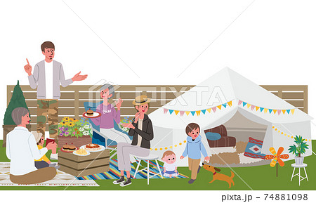ベランピング 三世代親子のイラスト ピクニック キャンプのイラスト素材