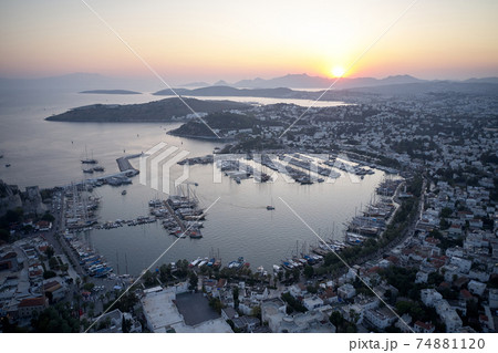 Aerial view of resort town Bodrum at sunset. Aerial view of resort town Bodrum at sunset. 74881120
