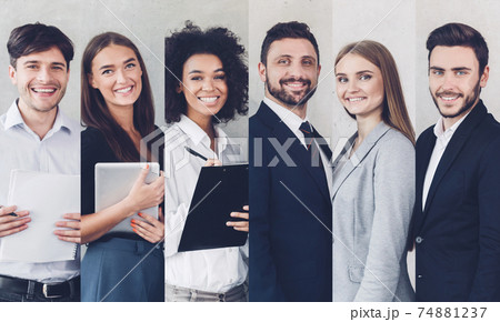 Six Portraits Of Diverse Successful Business People, Gray Backgrounds, Collage 74881237