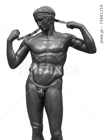Ancient white marble full length sculpture of naked young man. Antique classic statue of youngster isolated on white. Stone figure of teenager 74881259