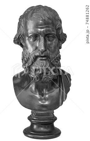 Head and shoulders detail of the ancient man with beard sculpture. Antique face with whiskers statue isolated on white background 74881262
