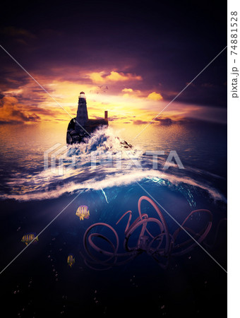 Lighthouse with octopus underwater scene Lighthouse with octopus underwater scene 74881528