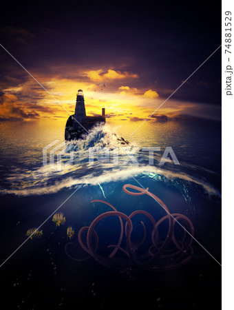 Lighthouse with octopus underwater scene Lighthouse with octopus underwater scene 74881529