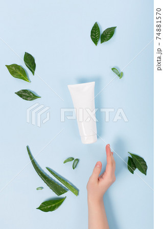 Cosmetic cream facial mockup tube container or body lotion, aloe vera  and green leaves on blue background. 74881570