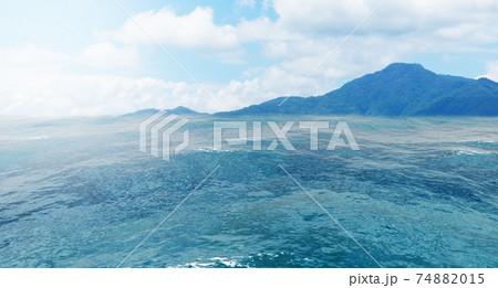 Summer view of the sea and mountain range. Island of rocks in the ocean, mountain island on the horizon, panorama of ocean landscape with island, 3D rendering 74882015