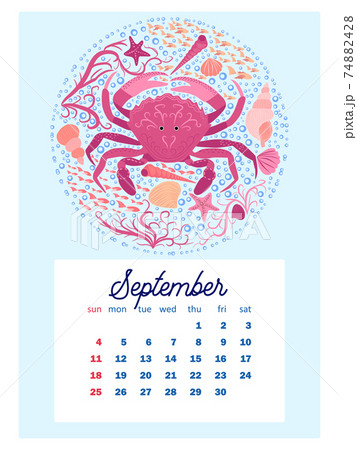 Marine life. calendar design template for 2022, A4 format. Week starts on Sunday. Whale, mermaid, snail, shark, crab, stingray, seahorse, dolphin, octopus, turtle 74882428