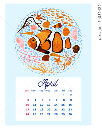 Marine life. calendar design template for 2022, A4 format. Week starts on Sunday. Whale, mermaid, snail, shark, crab, stingray, seahorse, dolphin, octopus, turtle 74882429