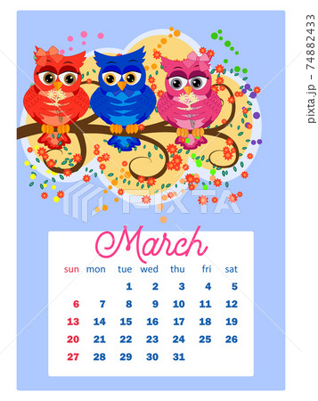 Calendar 2022. Cute owls and birds for every month. Wall vertical calendar for 2022, the week starts on Sunday. A4 format. 74882433