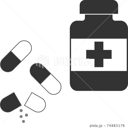Medical bottle with tablets-capsules. Isolated vector image on a white background. 74883176