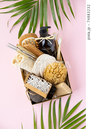 Zero waste beauty body care items on color paper background Zero waste beauty body care items on color paper background 74883232