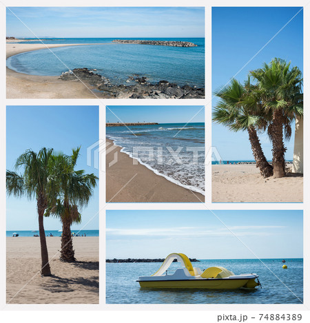 Collage of various view of Valras beach in south of France 74884389