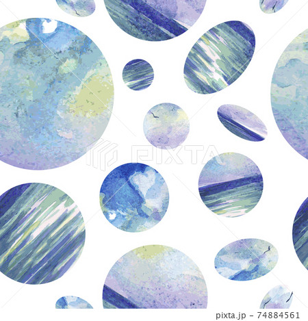Watercolor space background with planets. Geometric watercolor seamless pattern with colorful balls. Vector 74884561
