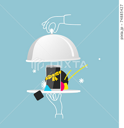 Smartphone presentation of the gift. Stylized as the chef restaurant cloche. Smartphone presentation of the gift. Stylized as the chef restaurant cloche. 74885427
