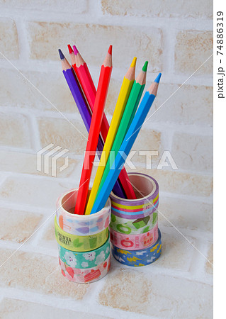 色鉛筆,鉛筆,えんぴつ,文具,テープ、文房具,学校,木製,マスキングテープ,色えんぴつ, 74886319