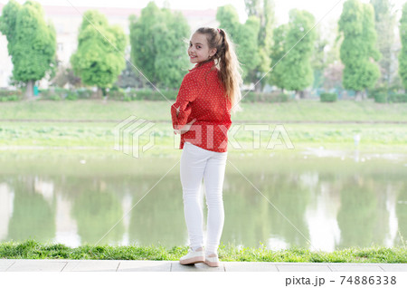 Peaceful mood. Girl little cute child enjoy peace Peaceful mood. Girl little cute child enjoy peace 74886338