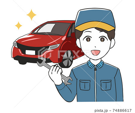 自動車整備士 男性 スパナ 普通車のイラスト素材