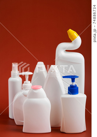 A various shapes blank white plastic bottles of soap products A various shapes blank white plastic bottles of soap products 74886734