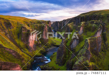 Fjadrargljufur canyon in Iceland at sunset Fjadrargljufur canyon in Iceland at sunset 74887111