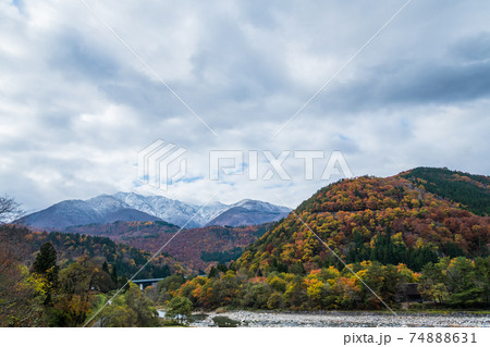 【白川郷　庄川の紅葉と白山の雪化粧】 74888631