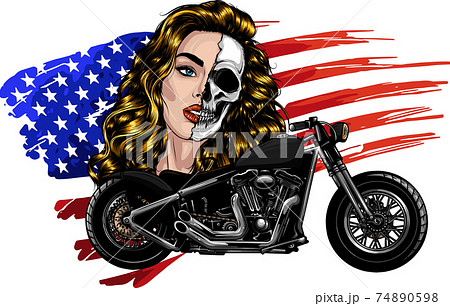 vector illustation vintage chopper motorcycle with woman face and american flag 74890598