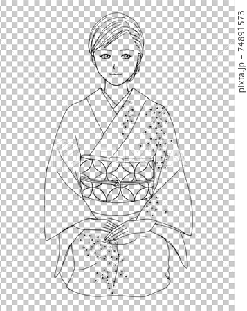 正座をする流し目の着物の女性 線画 のイラスト素材