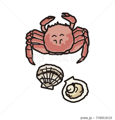 カニと帆立の手描き風イラスト（カラー） 74891610