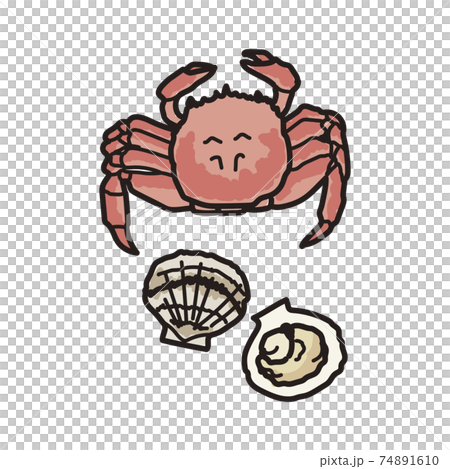螃蟹和扇貝（彩色）的手繪風格插圖 74891610