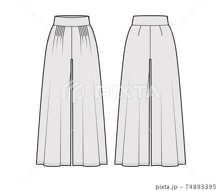 Pants gaucho technical fashion illustration with low waist, rise, pleated, ankle cropped length, seam pockets. Flat  74893395